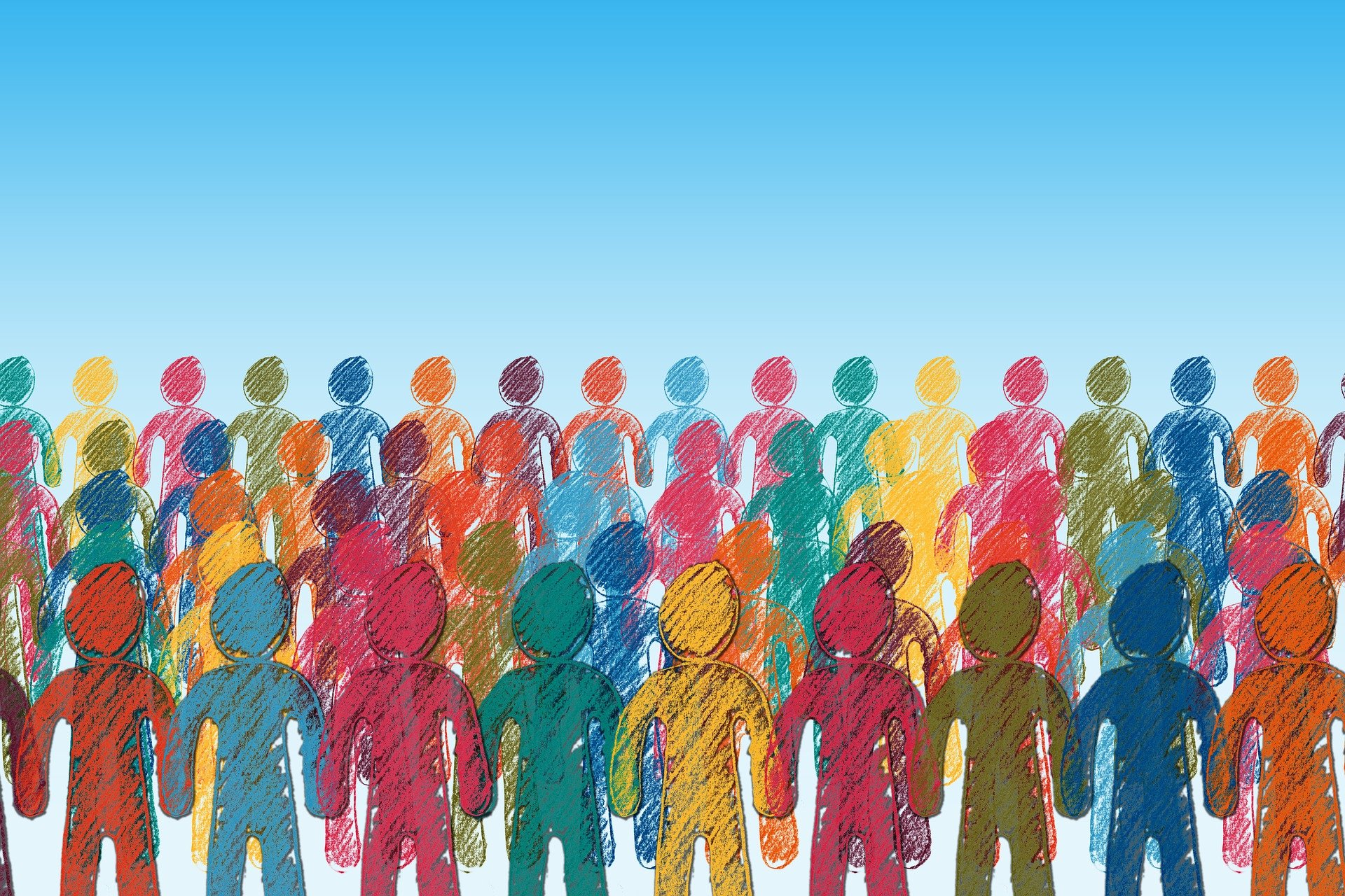 Mehrere Reihen von Menschen durchgehend von links nach rechts. Die Reihen stehen hintereinander. Die Menschen sind nur grob gezeichnet in ganz bunten Farben und ausgemalt. Dieses Bild soll für die Kultur- und Sozialwissenschaften stehen.