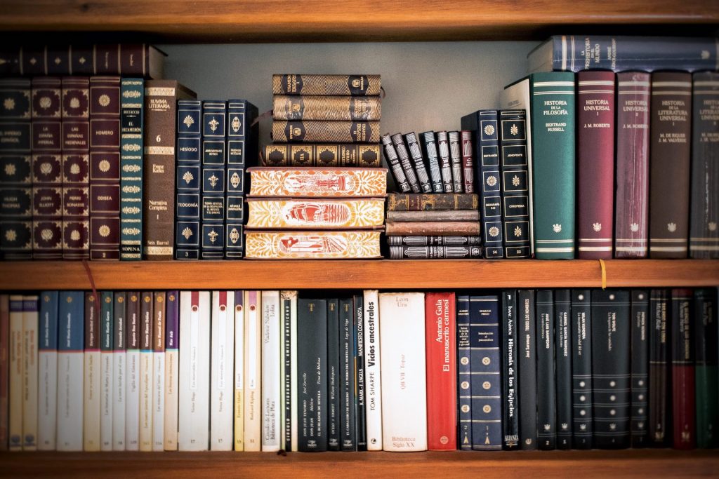 Zwei Reihen eines Holzregals. In dem Regal stehen und liegen viele verschiedene Bücher, Ältere und Neuere. Dieses Bild soll die Rechtswissenschaften darstellen.